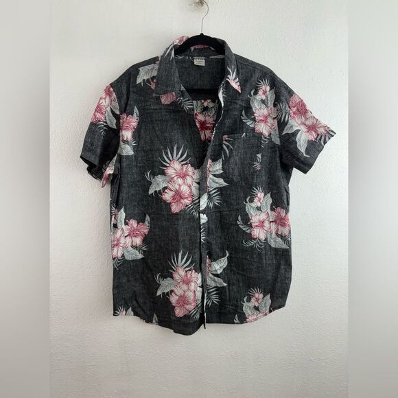 Hang Ten short sleeves floral print button down black shirt size XL - Picture 1 of 7